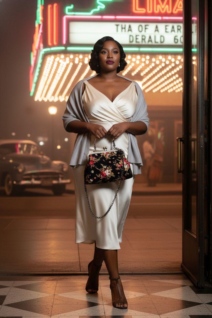 Abuyall vintage floral kiss lock purse resting on a lap in a speakeasy setting.