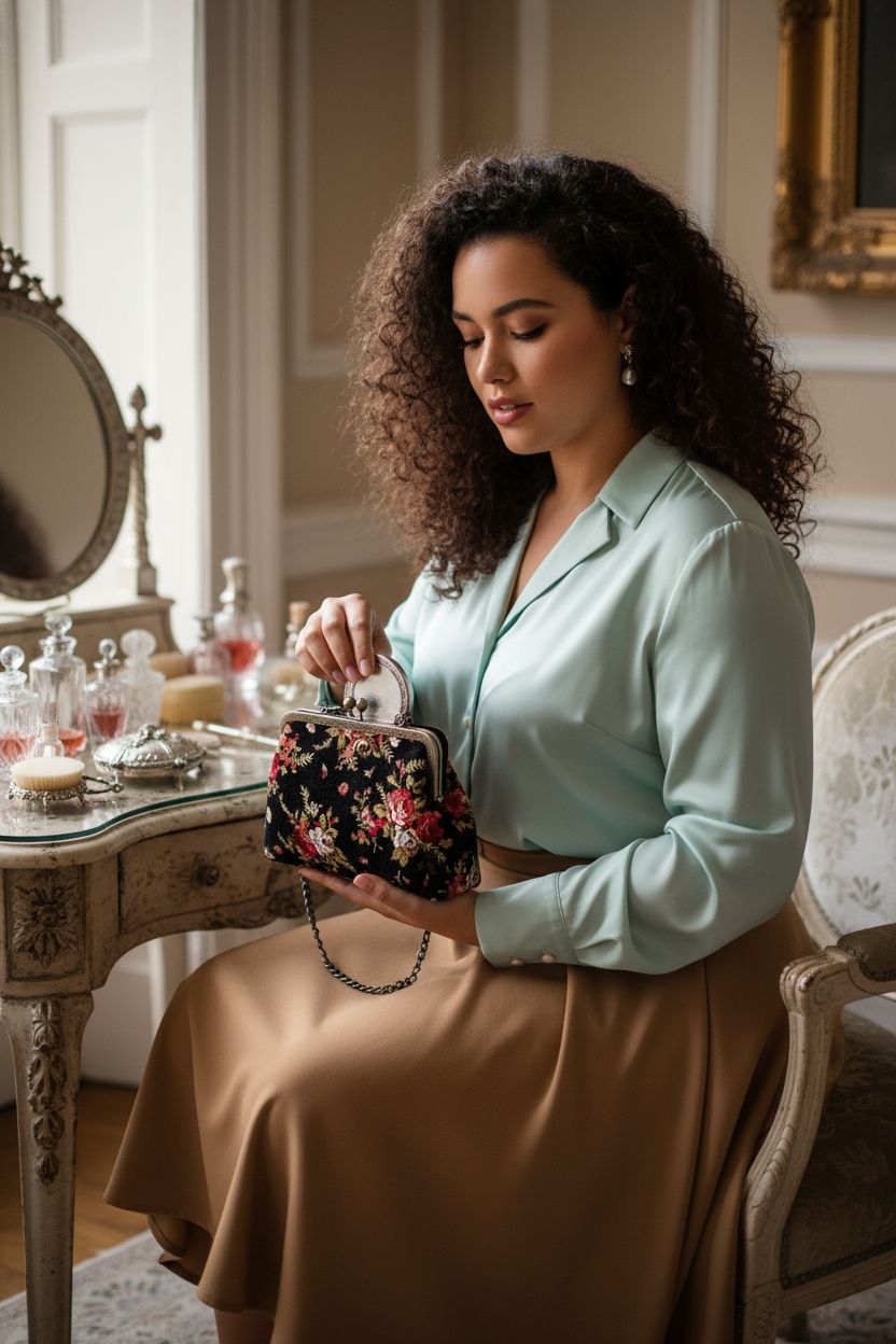 Abuyall vintage black floral clutch against a 1930s cinema backdrop.
