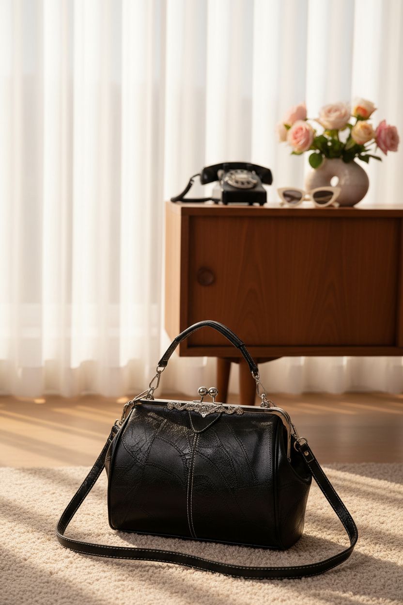 Wivmypog vintage black kiss-lock bag accentuating a sunlit mid-century living room setting.