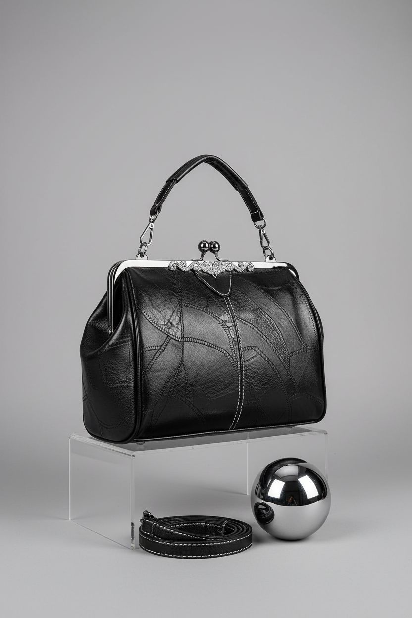 Wivmypog black kiss-lock handbag showcased on a gray backdrop, highlighting its design.