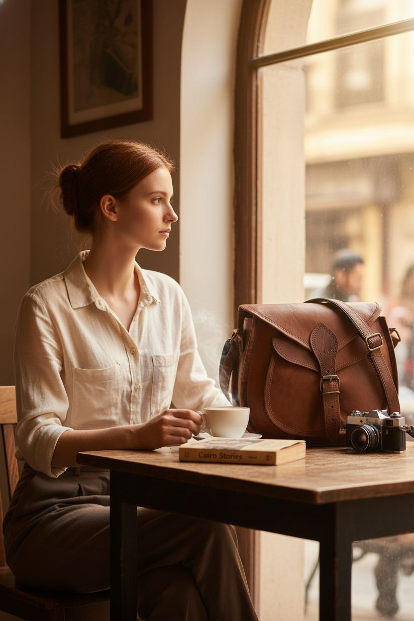 Rustic Town leather crossbody satchel placed beside a book and coffee in a cozy café ambiance.