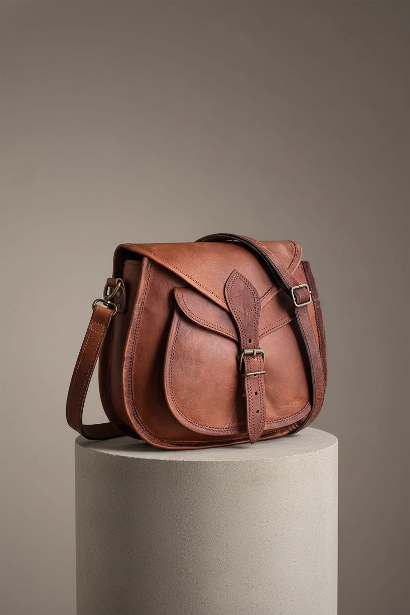 Rustic Town brown leather crossbody satchel bag elegantly displayed in a studio setting.