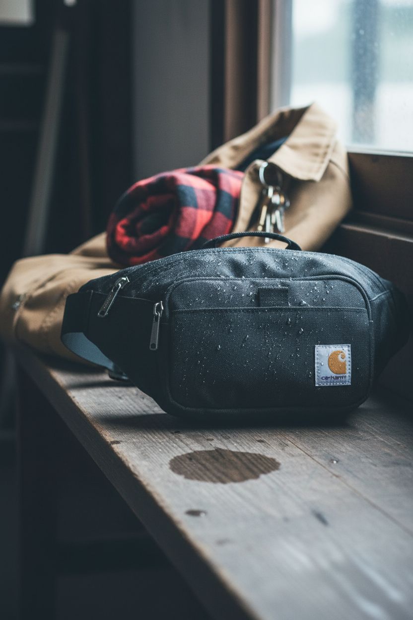Carhartt Classic Adjustable Sling Bag in black, resting on a wooden bench in a cozy cabin after rain.