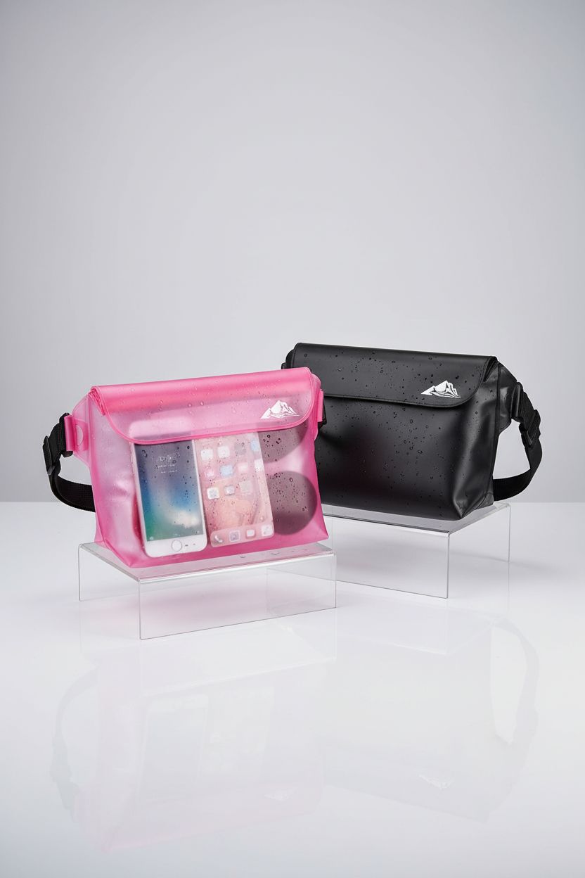 HEETA pink waterproof pouch on a clean studio backdrop, highlighting its waterproof features and design.