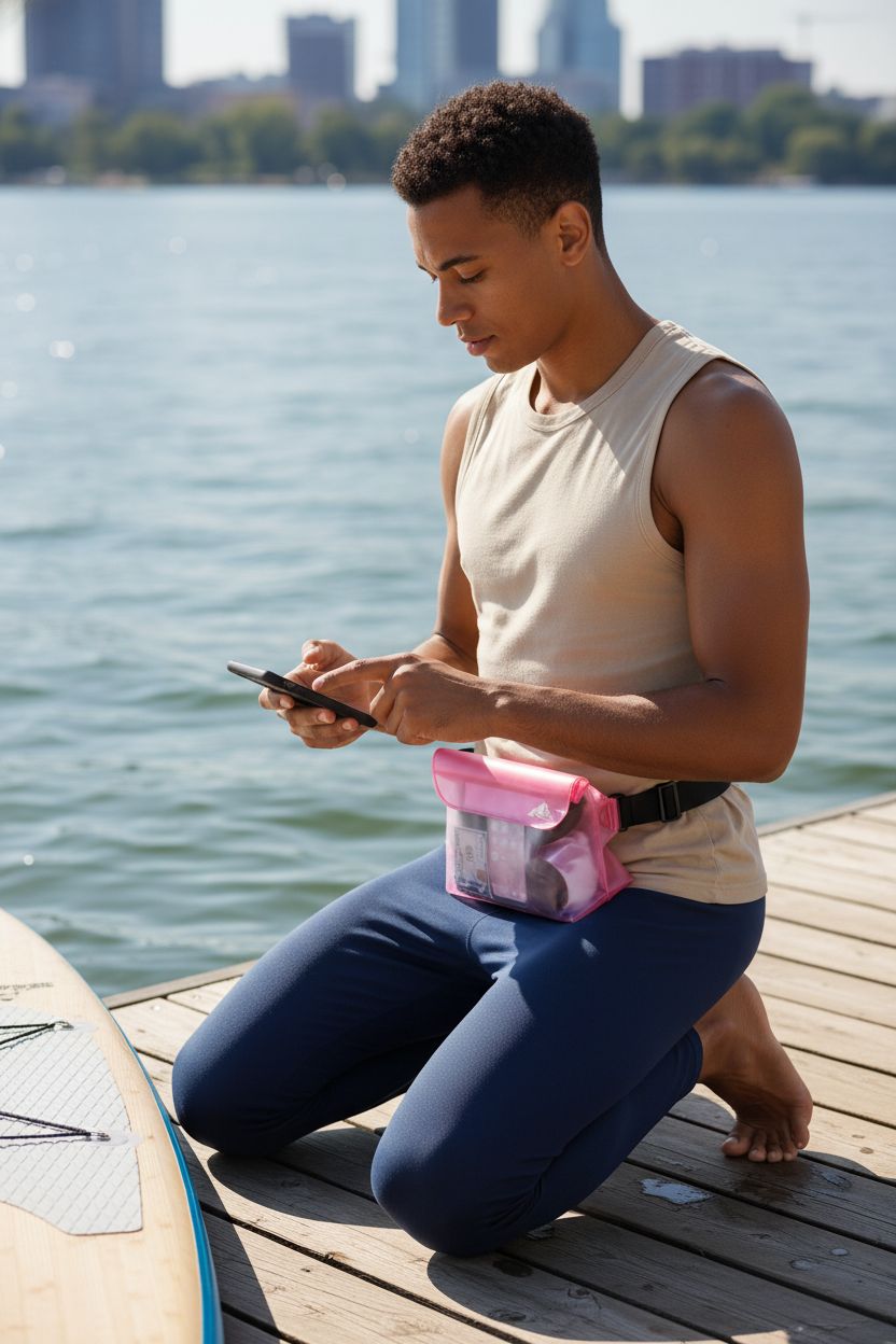 HEETA waterproof purse in pink by the lakeside, showcasing touchable screen and waist strap.