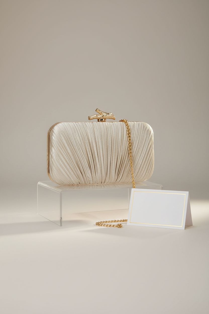 Freie Liebe champagne-gold pleated clutch on a minimalist display, showcasing its luxurious design.