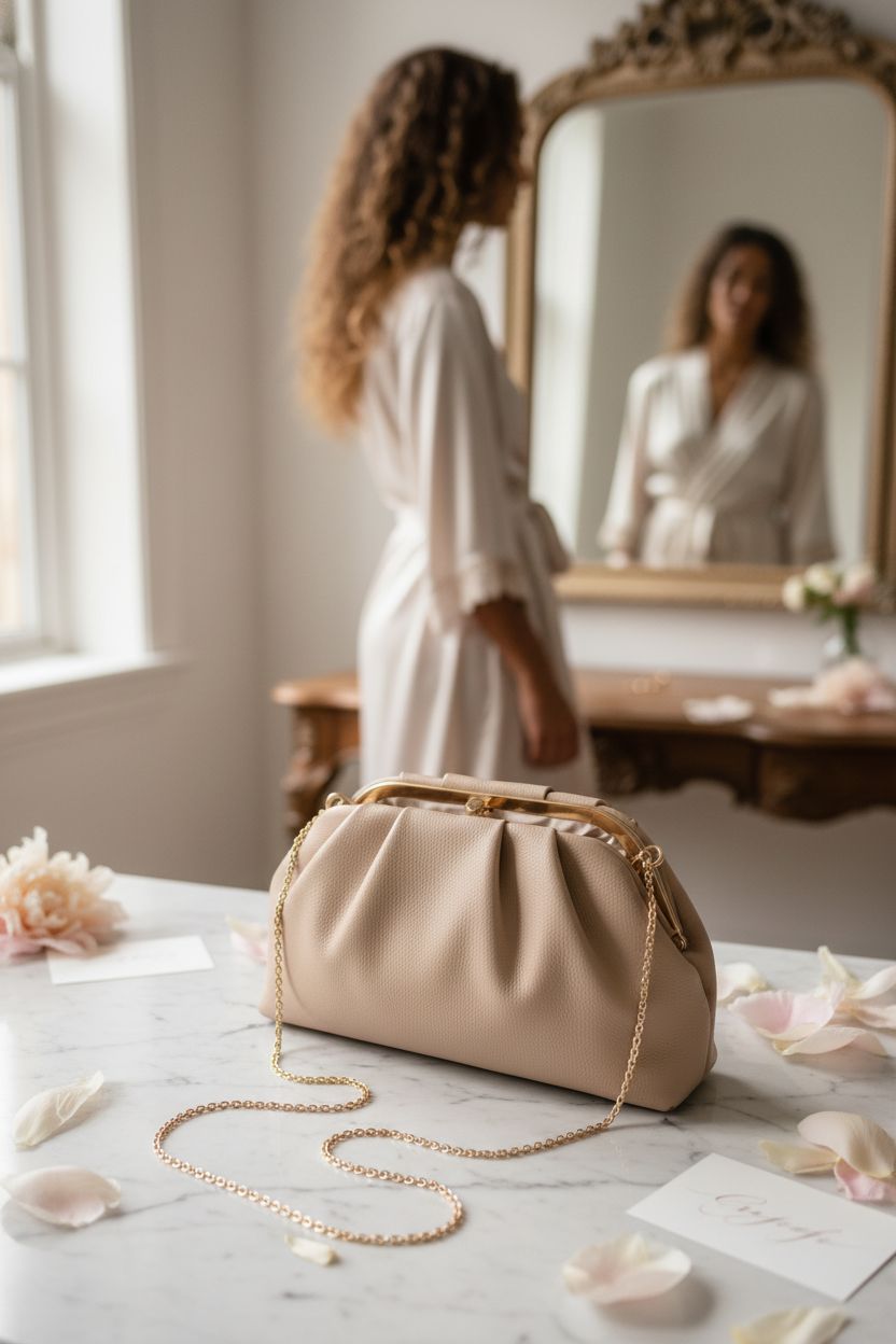 lovyoCoCo nude clutch purse elegantly resting on marble, set in a serene bridal suite atmosphere.