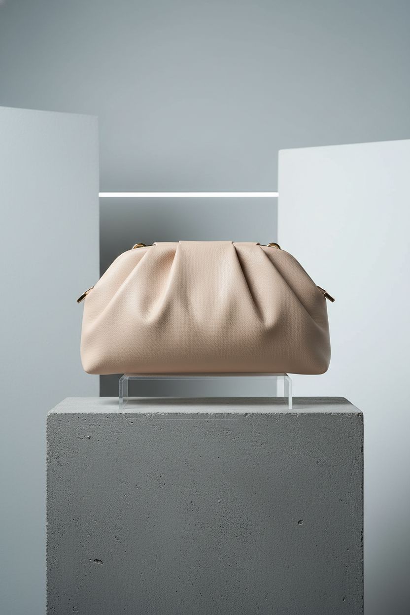lovyoCoCo nude pleated clutch purse displayed on a stone plinth, highlighting its elegant design.