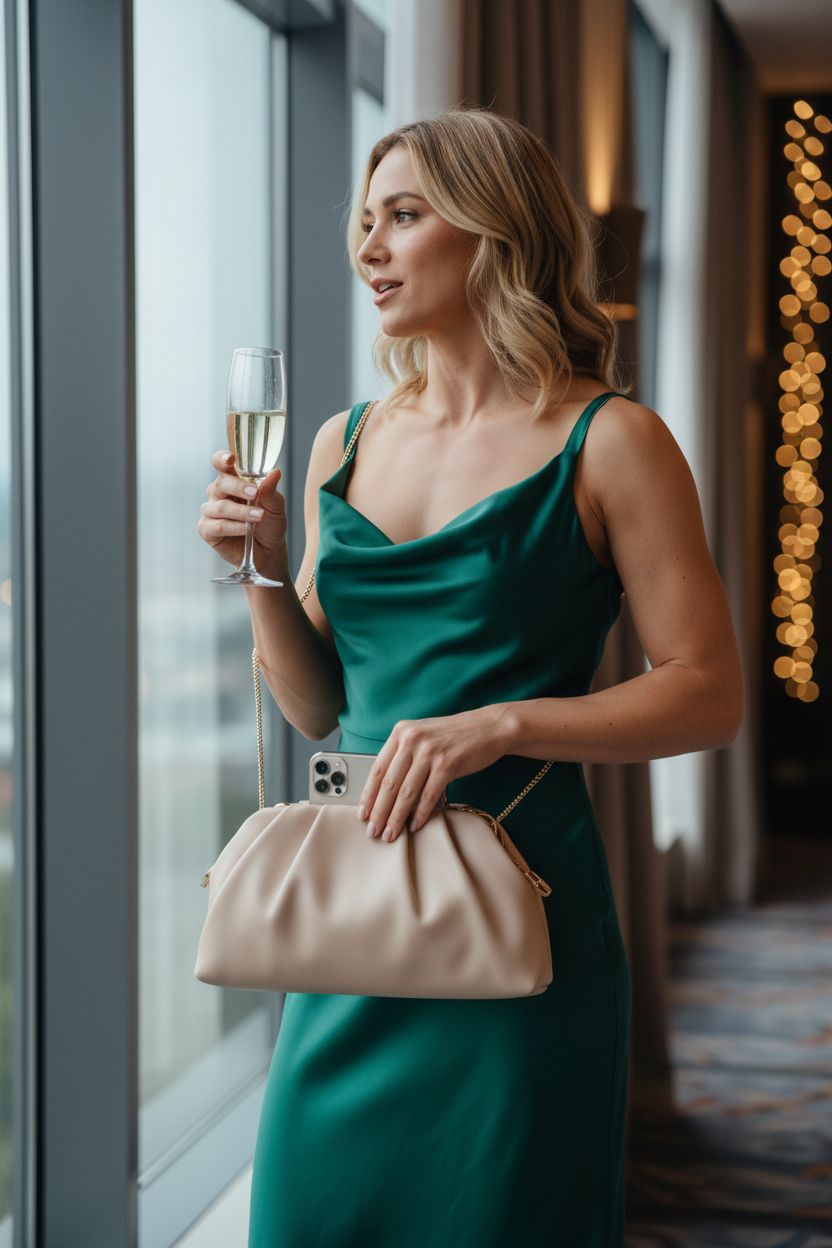 Elegant lovyoCoCo nude pleated clutch purse for wedding guests, showcasing soft pleats and gold chain.