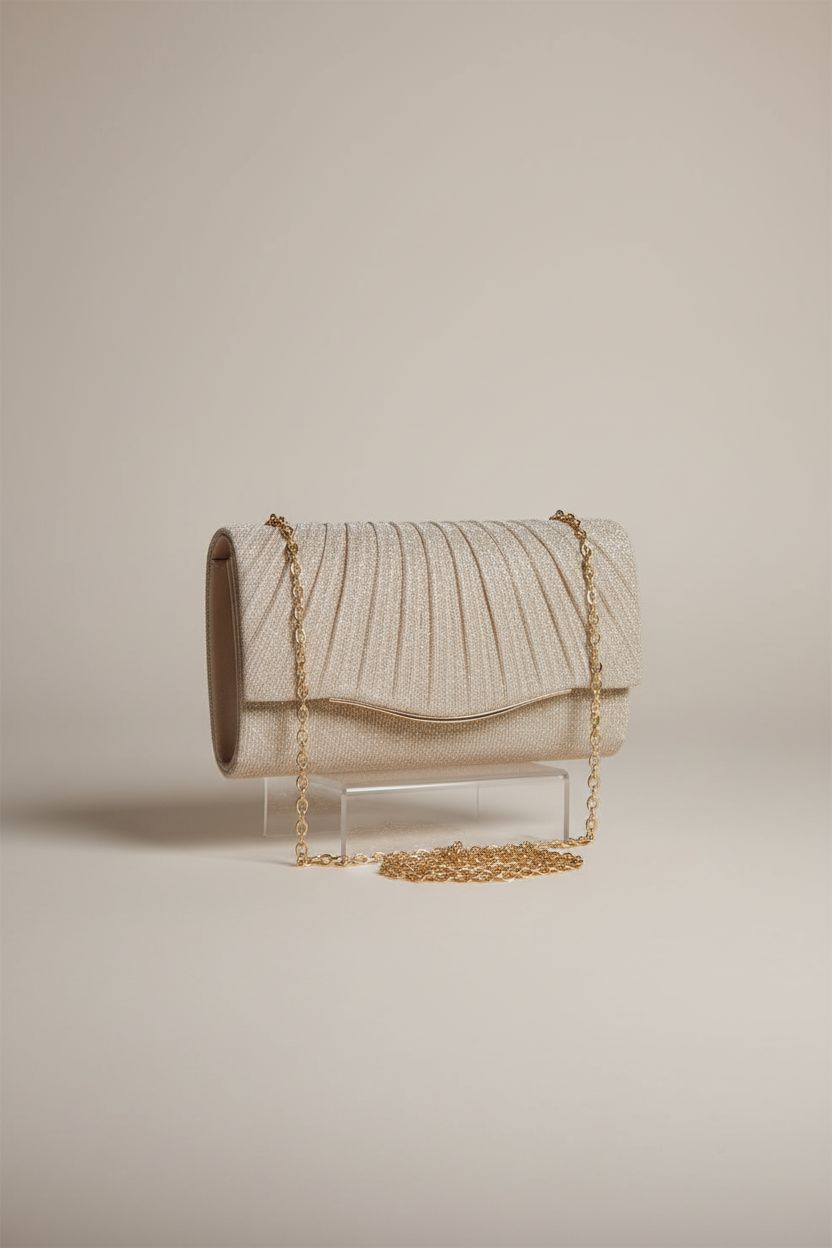Product shot of lovyoCoCo champagne clutch, showcasing exquisite design for formal events.