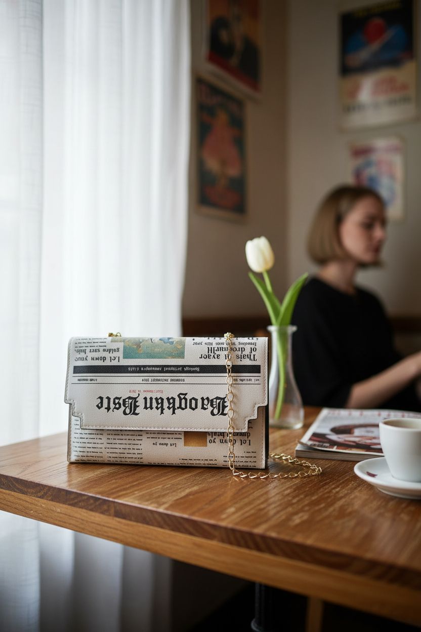 Acxico newspaper bag on rustic café table, cozy morning atmosphere.