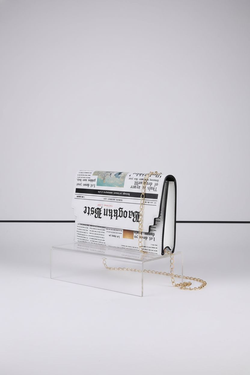 Acxico newspaper-print bag elegantly displayed, highlighting its unique design.