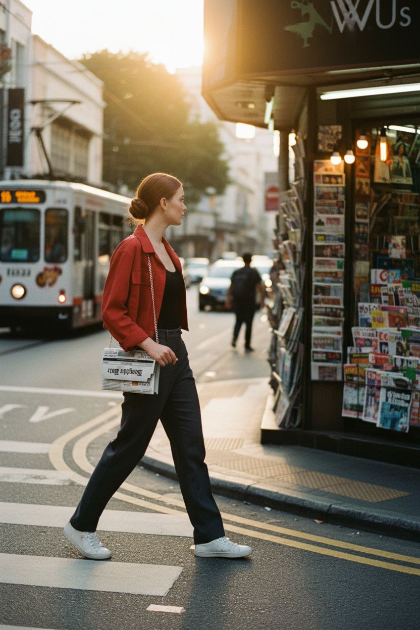 Chic Acxico newspaper messenger bag in urban setting, vibrant fashion style.