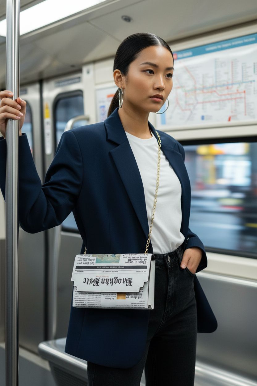 Acxico newspaper-print bag showcased in subway, modern fashion vibe.