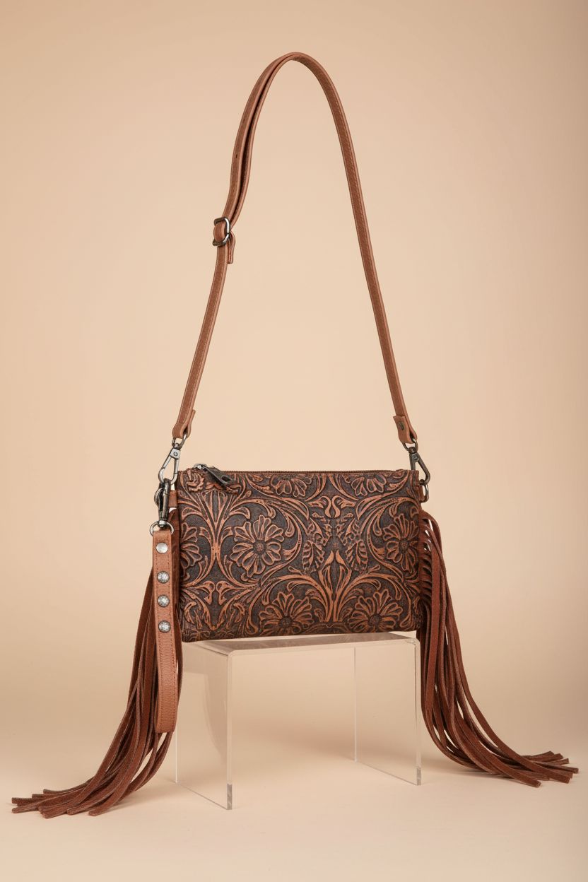 Montana West Mini Crossbody Bag displayed elegantly with fringe and leather detail.