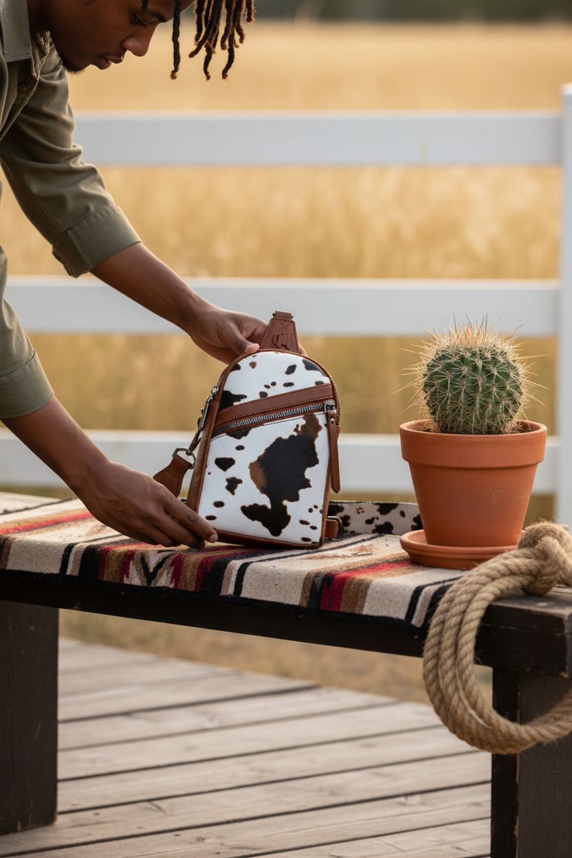 Montana West cow print crossbody purse resting on a Navajo-style blanket on a ranch porch