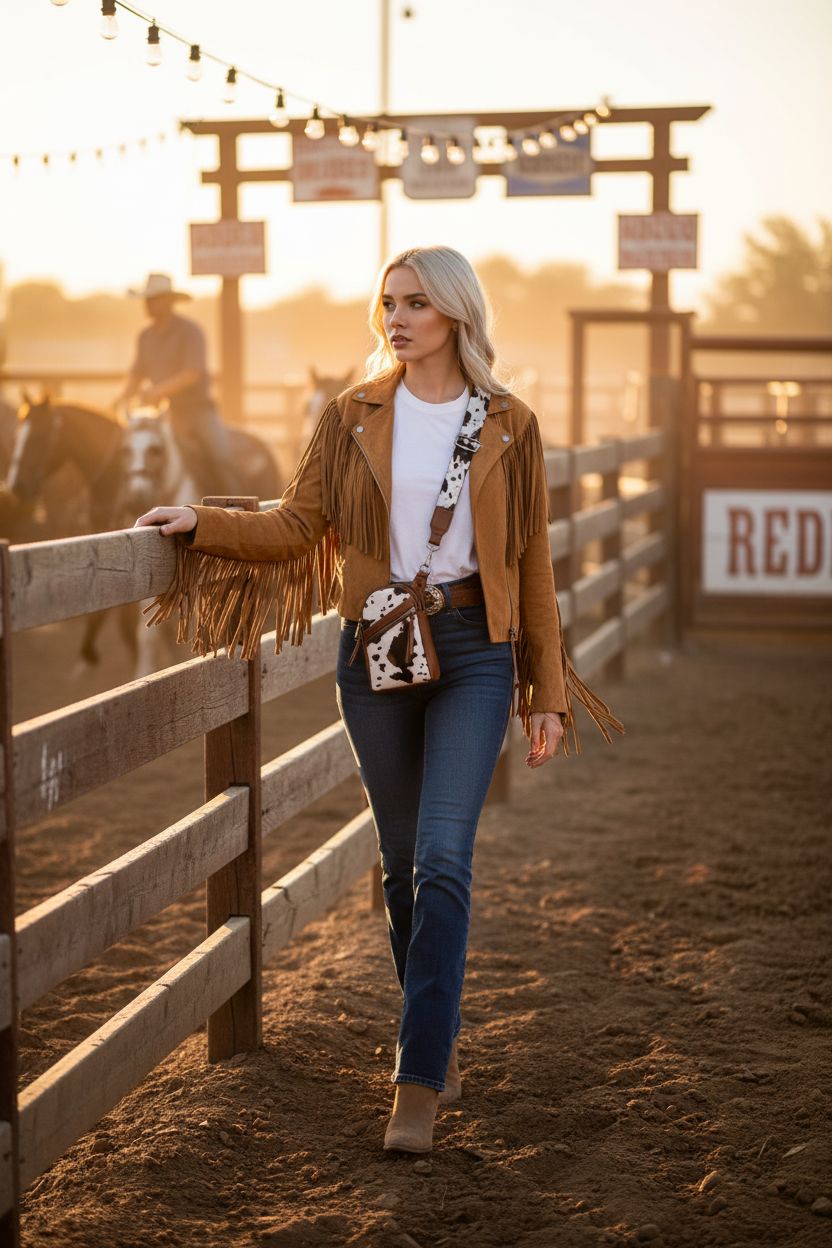 Montana West western cow print crossbody purse showcased at a rodeo arena during golden hour