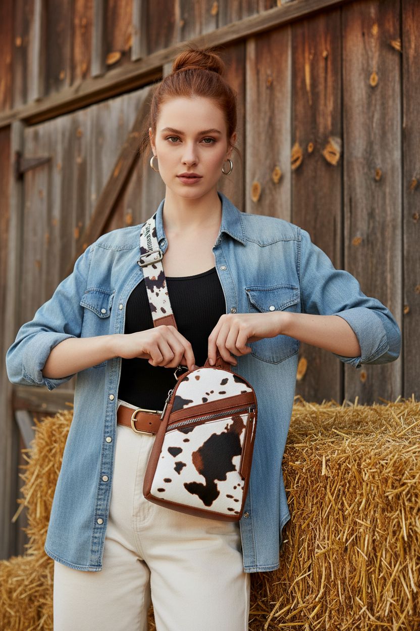 Montana West western cow print crossbody purse being adjusted outside a rustic barn