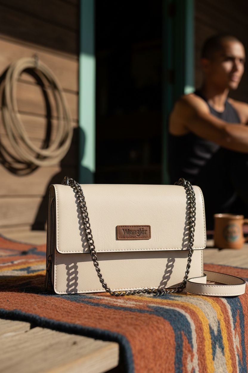 Wrangler faux-leather western purse resting on a rustic ranch porch with soft lighting.