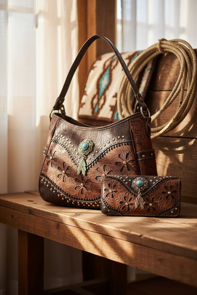 Coffee-toned leather handbag by WESTERN ORIGIN displayed in a rustic tack room setting.