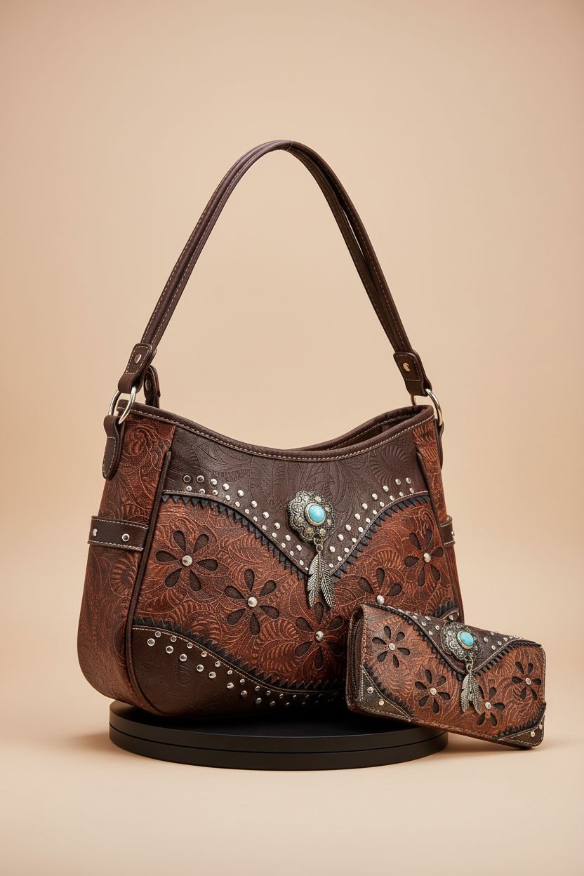 Product shot of WESTERN ORIGIN tooled leather purse and matching wallet on a clean backdrop.