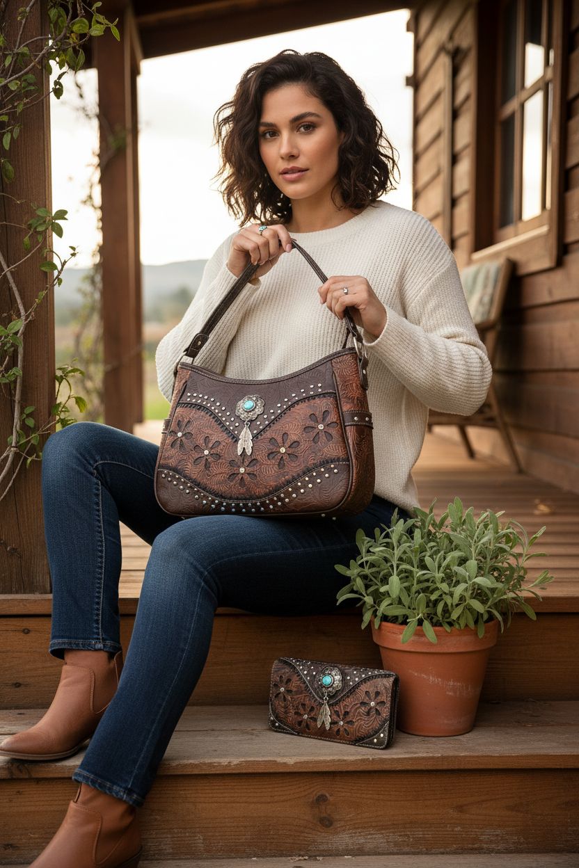 Tooled leather purse and wallet set by WESTERN ORIGIN on a cozy porch, perfect for country living.