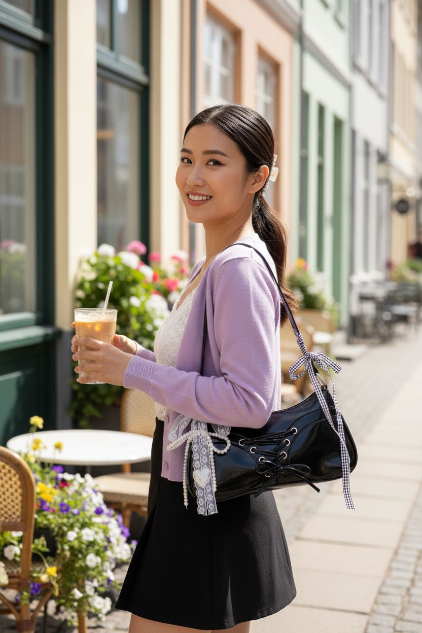Stylish Verdusa coquette purse on a cafe table, ideal for casual chic moments and coffee dates.