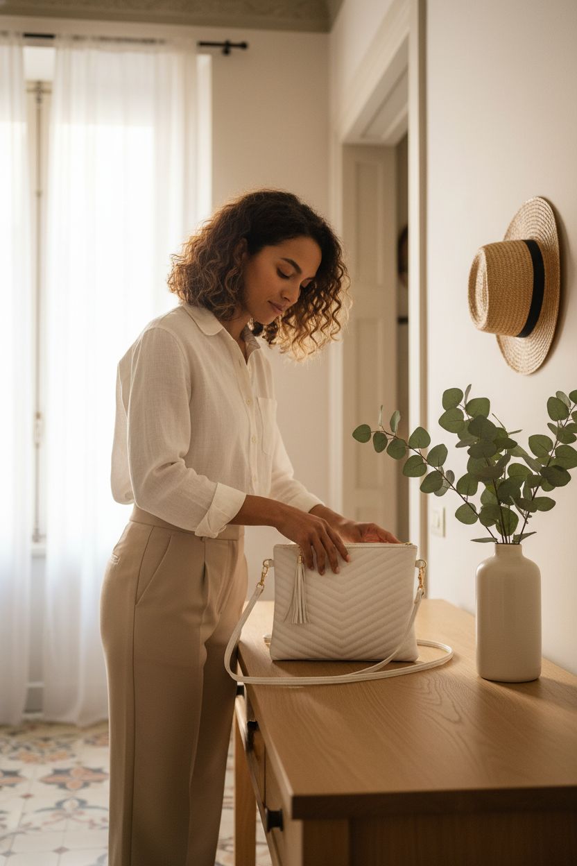 White vegan leather crossbody purse by CYHTWSDJ on a console in a sunlit home entryway.