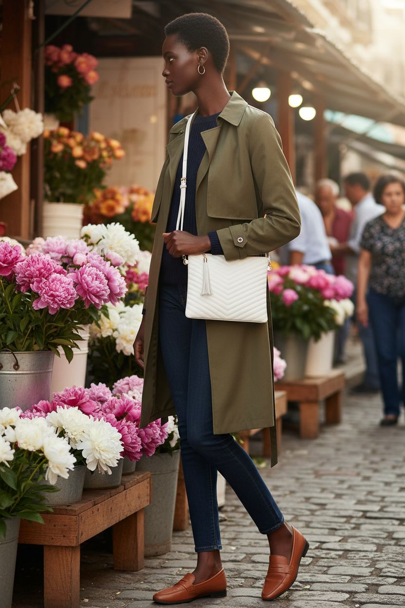 CYHTWSDJ white crossbody purse swaying as it’s worn in a vibrant market.