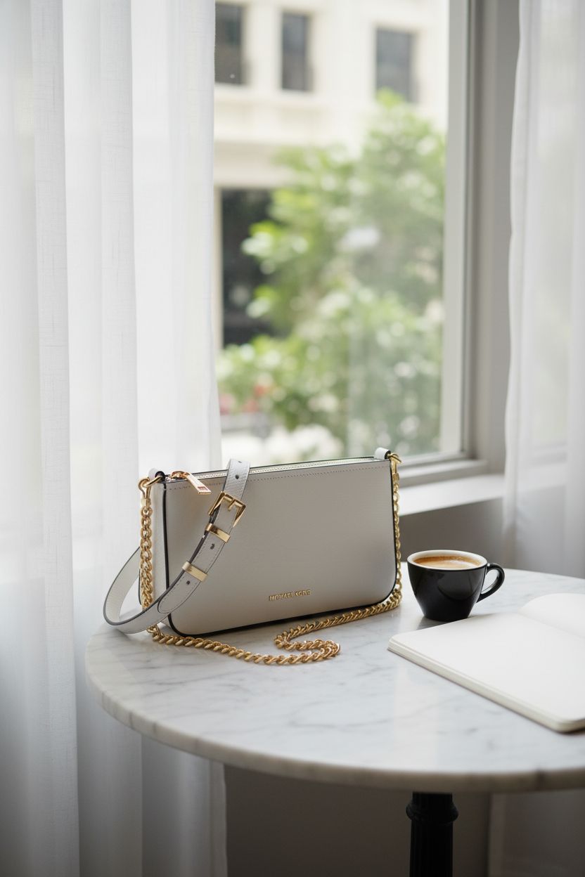 Michael Kors optic white bag on marble table with espresso and notebook