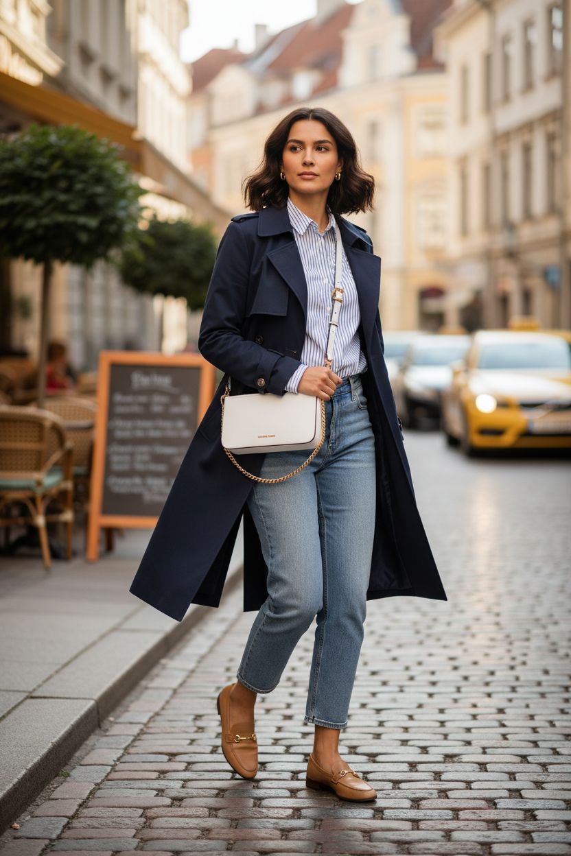 Michael Kors optic white designer bag with gold-tone hardware on cobblestone street