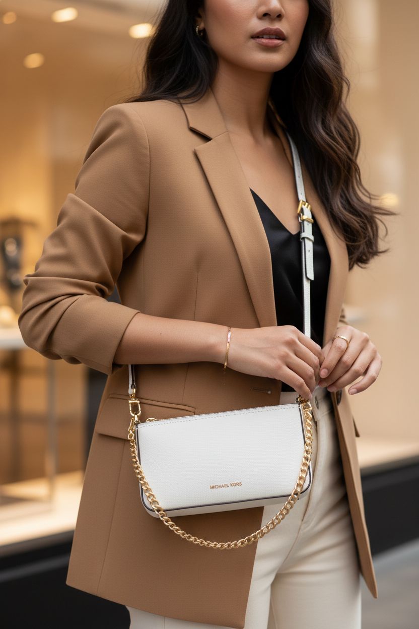 Michael Kors white convertible crossbody bag with chain against tailored outfit