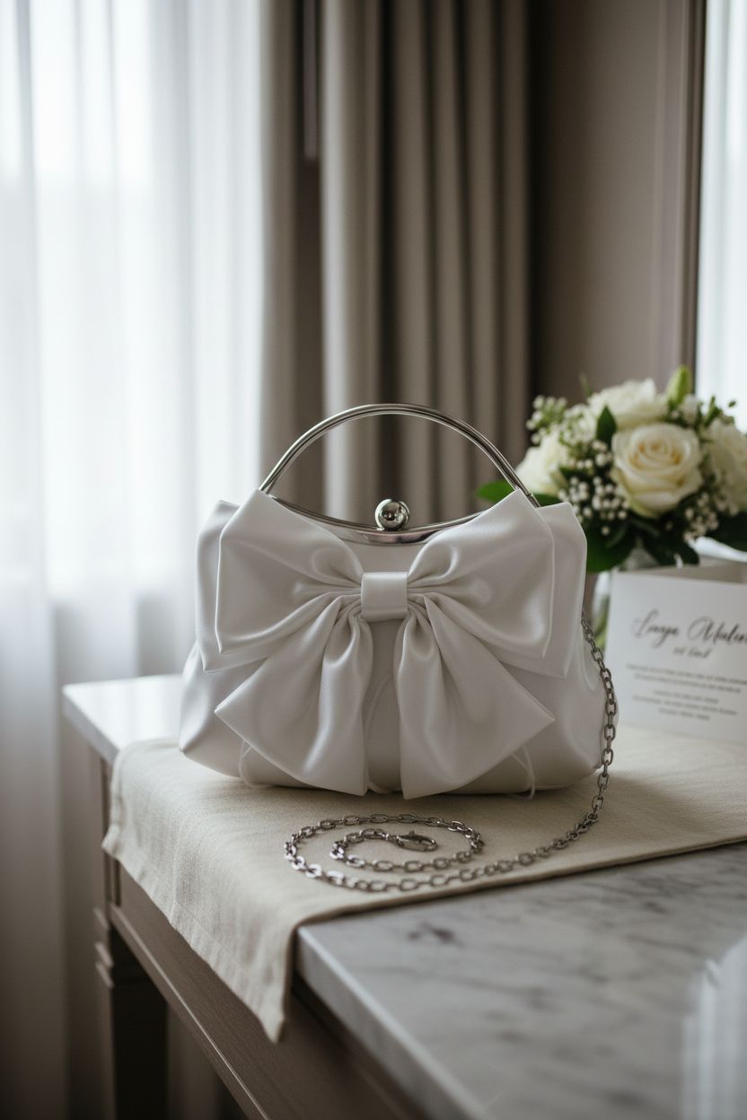 Beautiful bridal scene featuring Dansydaisy white purse on a marble vanity, perfect for wedding prep.
