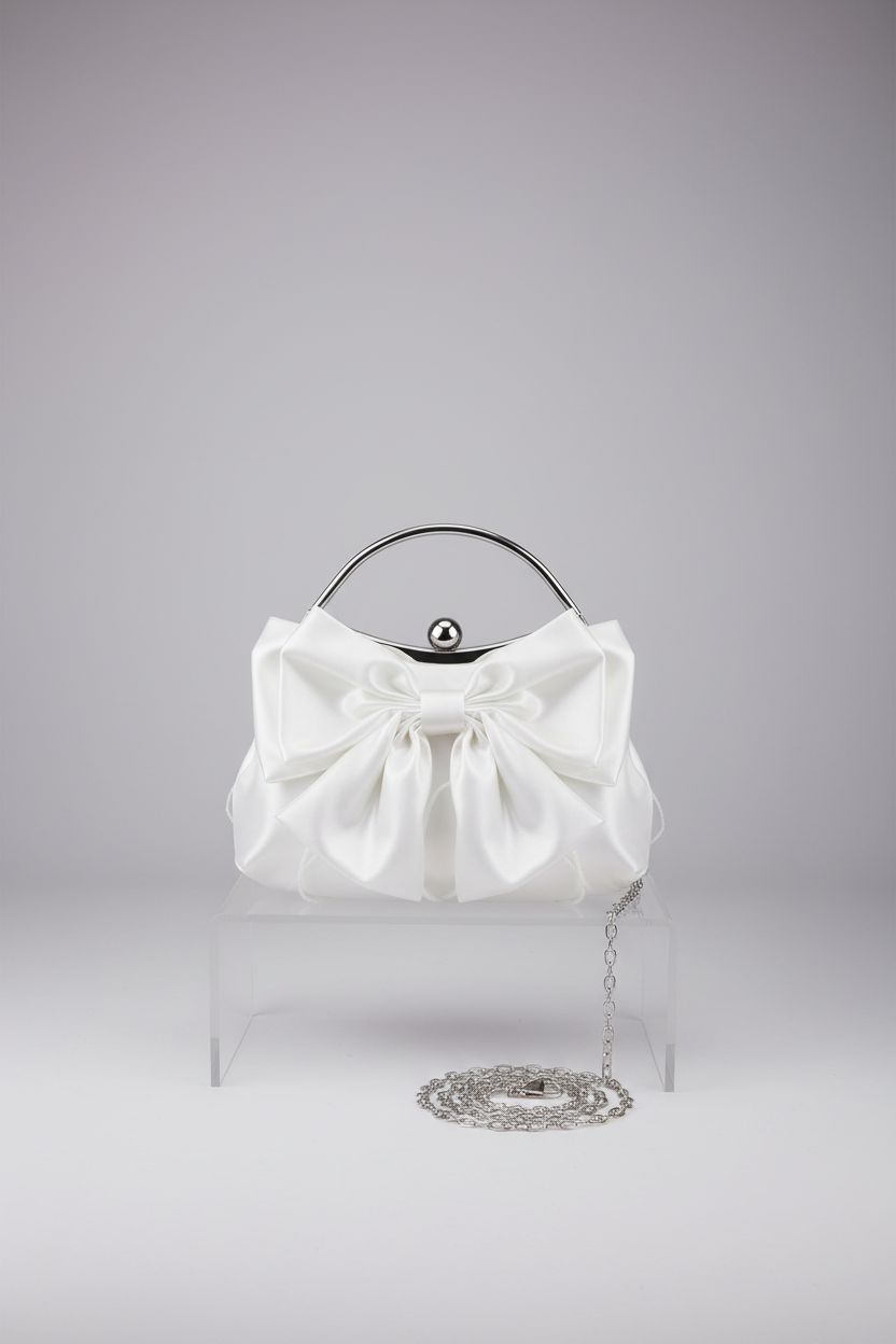 Elegant product shot of Dansydaisy white satin bow purse with detailed craftsmanship in a clean studio setting.