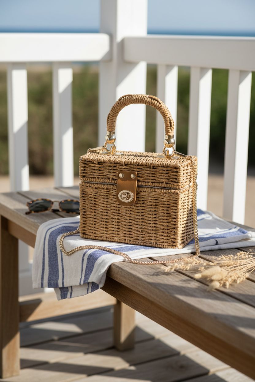 Noamus handmade wicker bag on a coastal porch, enhancing summer beach vibes.