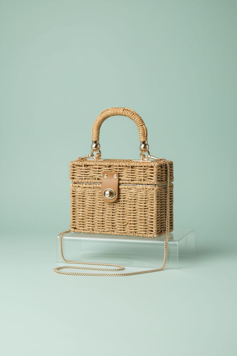 Noamus stylish wicker handbag showcased in a minimal studio setting, highlighting craftsmanship.
