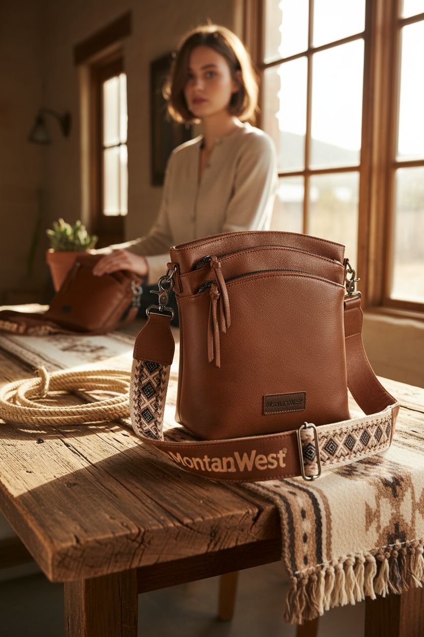 Montana West cognac bag displayed on a rustic table with a Western heritage vibe