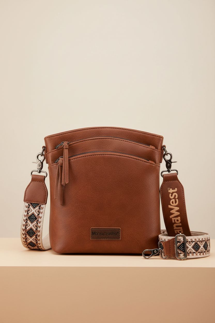 Montana West vegan leather crossbody bag showcasing texture and design details on a studio backdrop