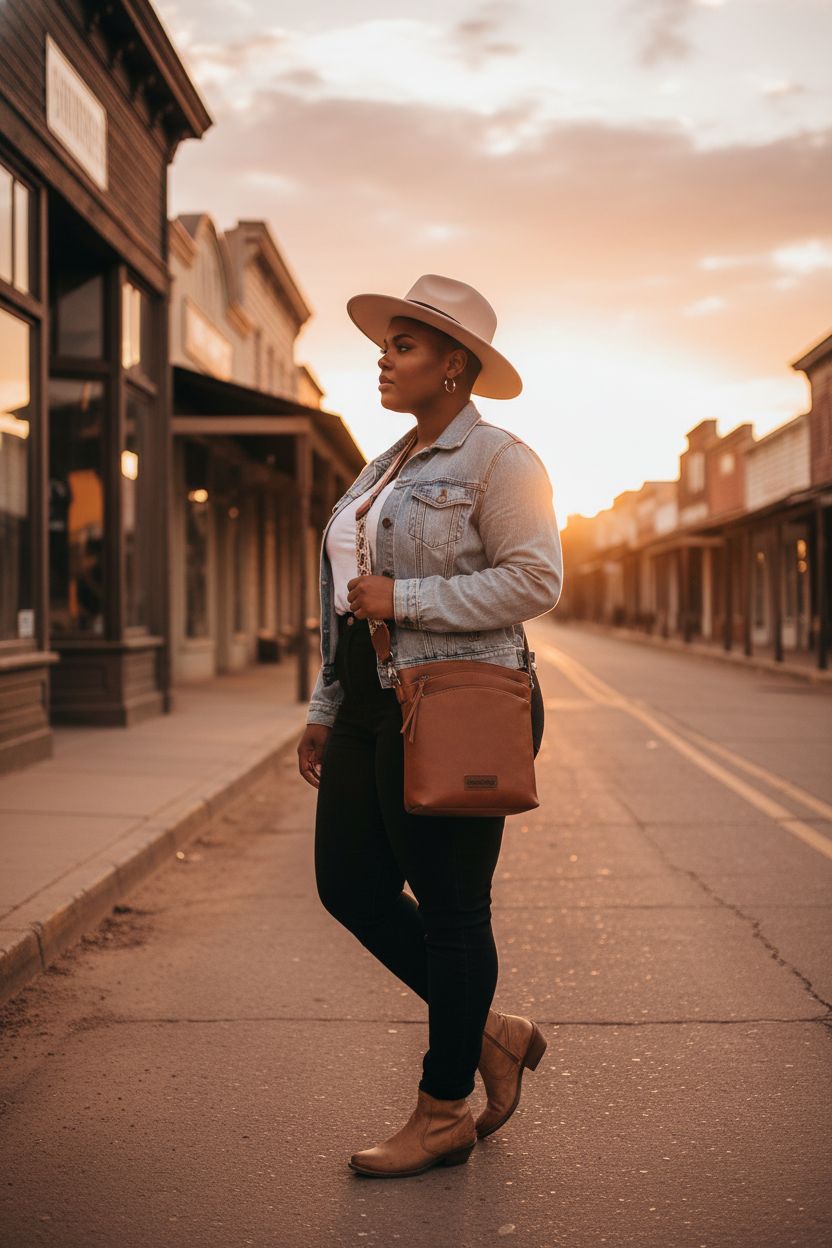 Montana West cognac crossbody bag with patterned guitar strap in a warm Western street setting
