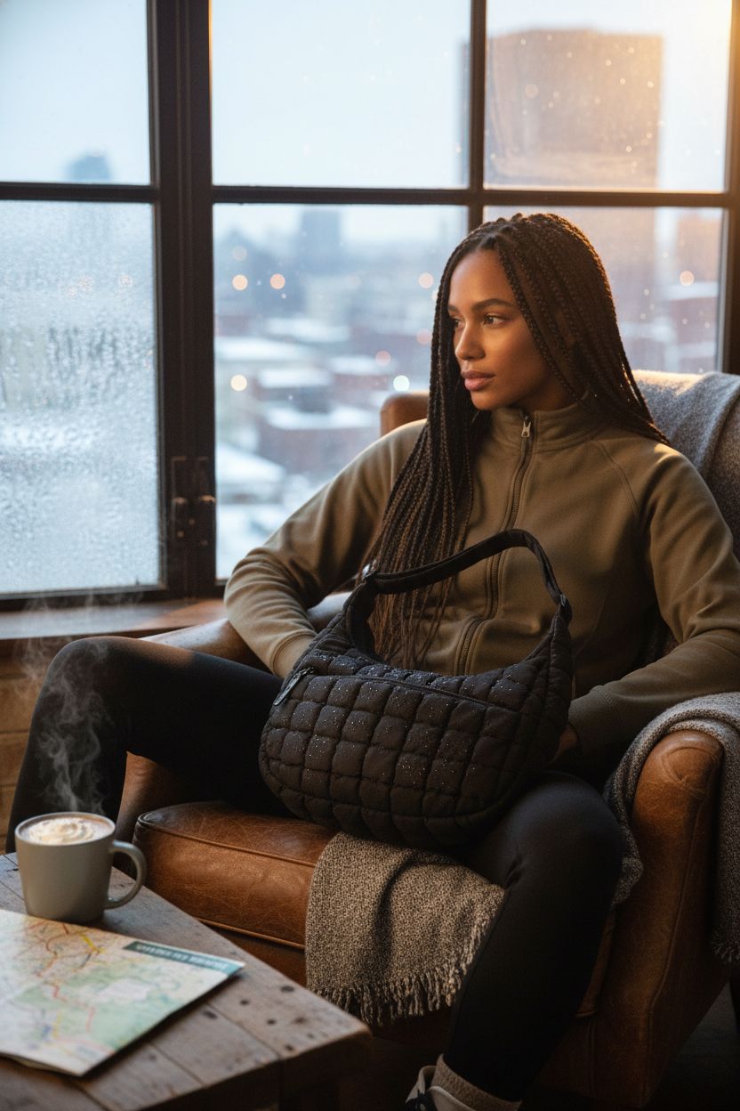 BAGSMART puffy crossbody bag resting on a cozy throw by a window, perfect for après-ski relaxation.