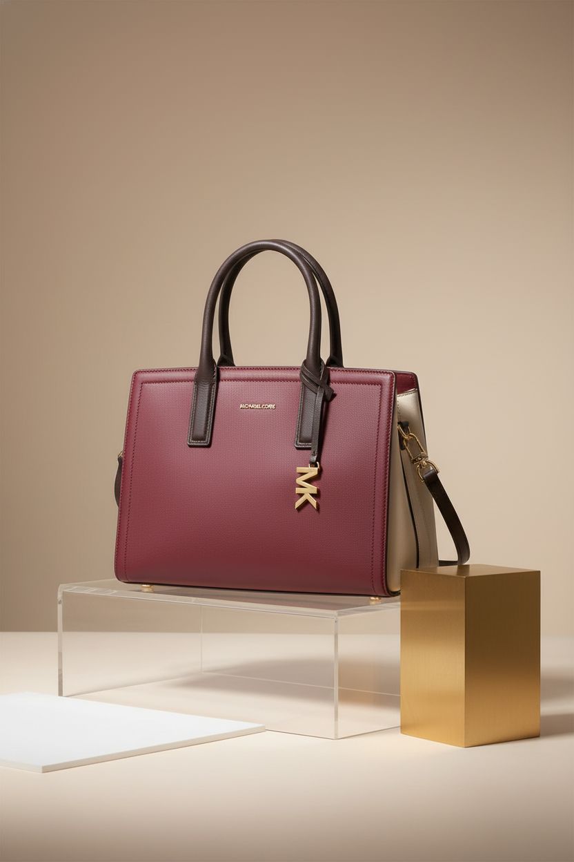 Michael Kors Laila Medium Satchel displayed on an acrylic stand, highlighting its mulberry color and gold accents.