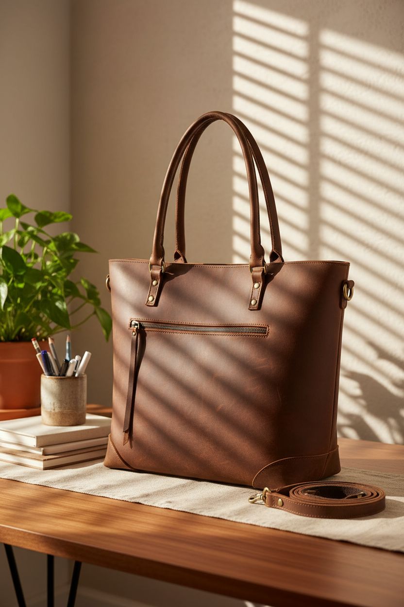 S-ZONE leather shoulder bag in a cozy home office, highlighting its elegant design.