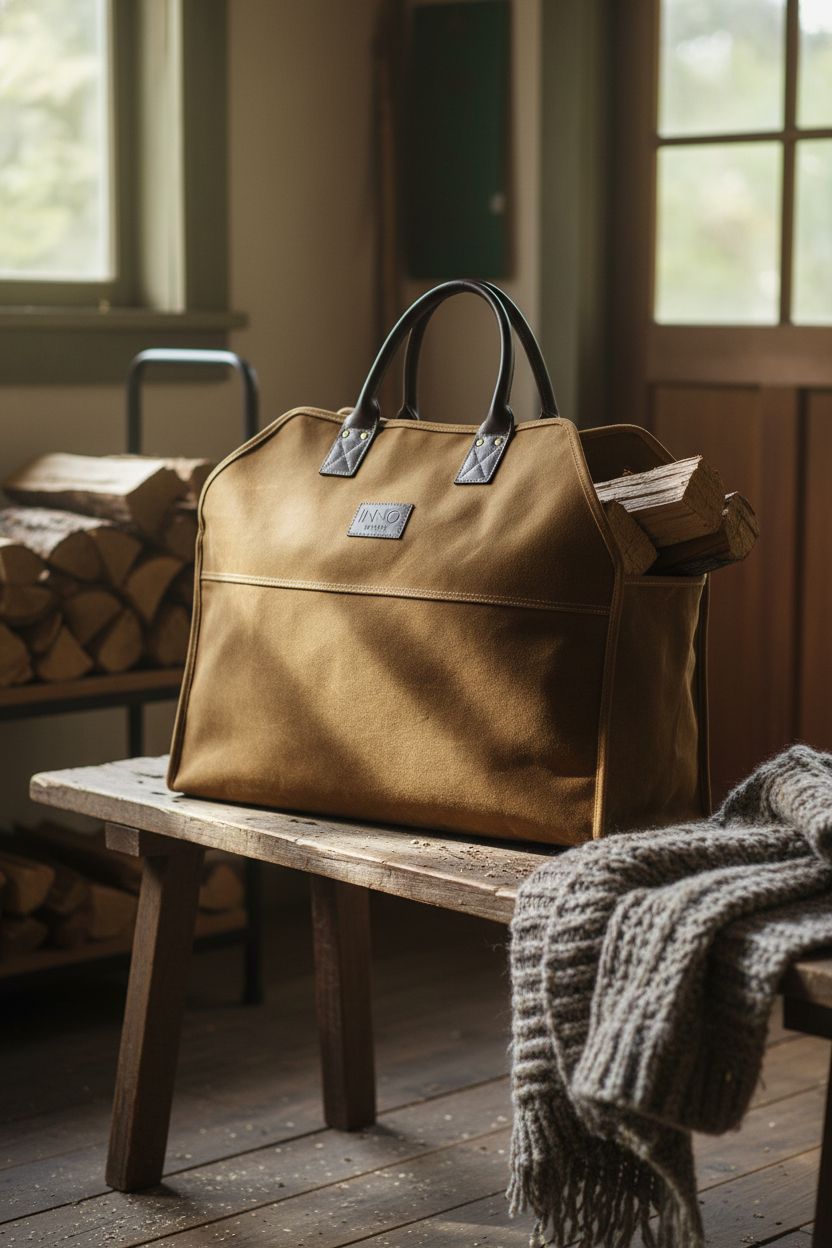 INNO STAGE canvas tote resting on a reclaimed wood bench near split logs