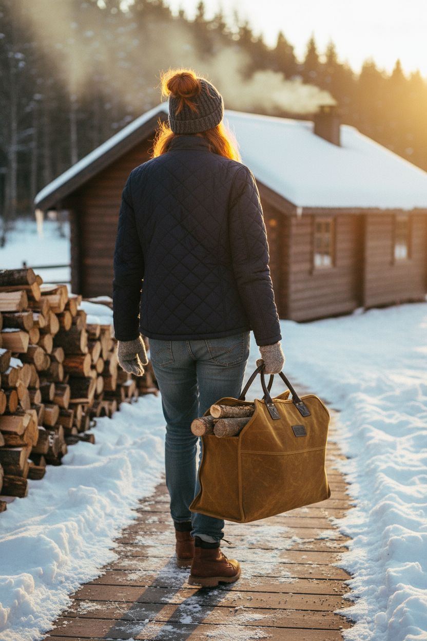 INNO STAGE waxed canvas log carrier bag in a snow-dusted cabin setting