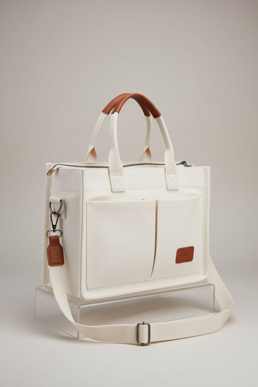 FIORETTO beige tote bag showcasing compartments and detachable strap on display