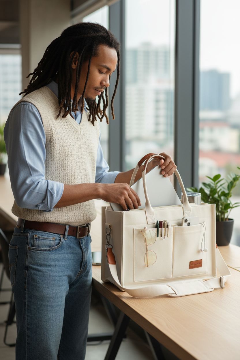 FIORETTO beige canvas tote bag on desk with laptop, ideal for work or college