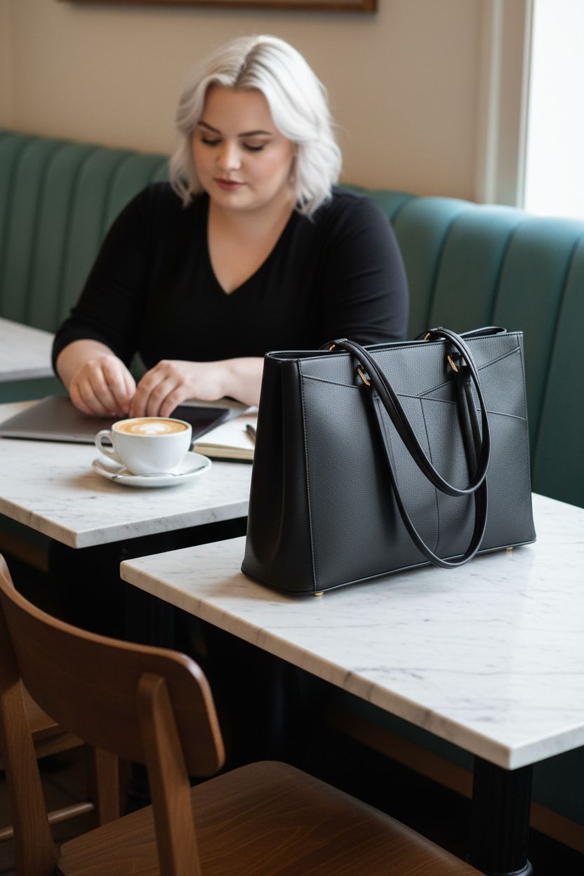 LOVEVOOK black tote bag on a café table, perfect for a stylish workspace setup.