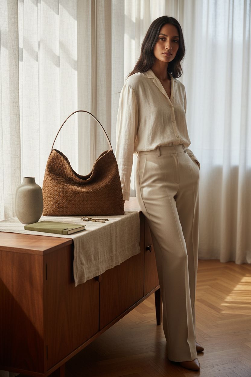 Elegant woven leather purse by Molodo, showcasing details in a sunlit living room.