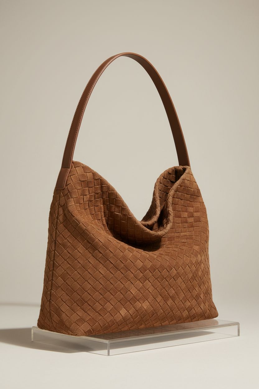 Product shot of Molodo's woven suede hobo bag, showcasing exquisite detailing and design.