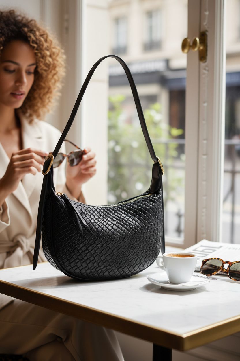 BOSTANTEN black woven purse on marble table with coffee and sunglasses, cozy atmosphere